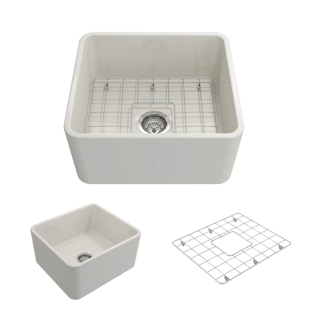 BOCCHI Classico Farmhouse Apron Front Fireclay 20 in. Single Bowl Kitchen Sink with Protective Bottom Grid and Strainer in Biscuit