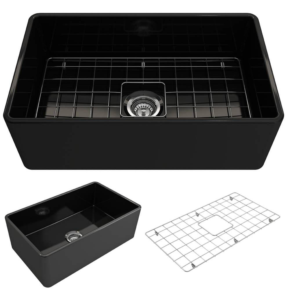 BOCCHI Classico Farmhouse Apron Front Fireclay 30 in. Single Bowl Kitchen Sink with Protective Bottom Grid and Strainer in Black