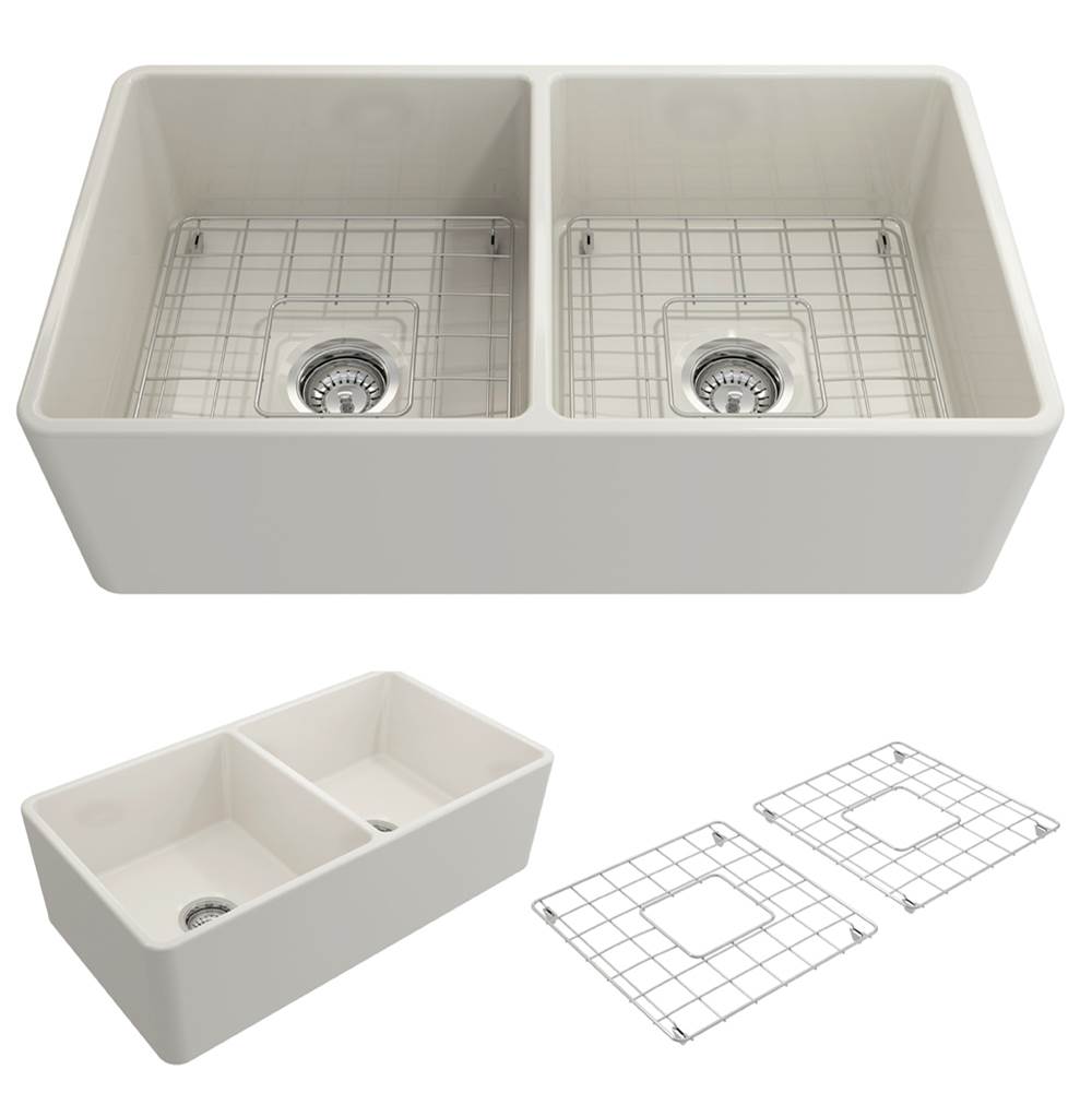 BOCCHI Classico Farmhouse Apron Front Fireclay 33 in. Double Bowl Kitchen Sink with Protective Bottom Grids and Strainers in Biscuit