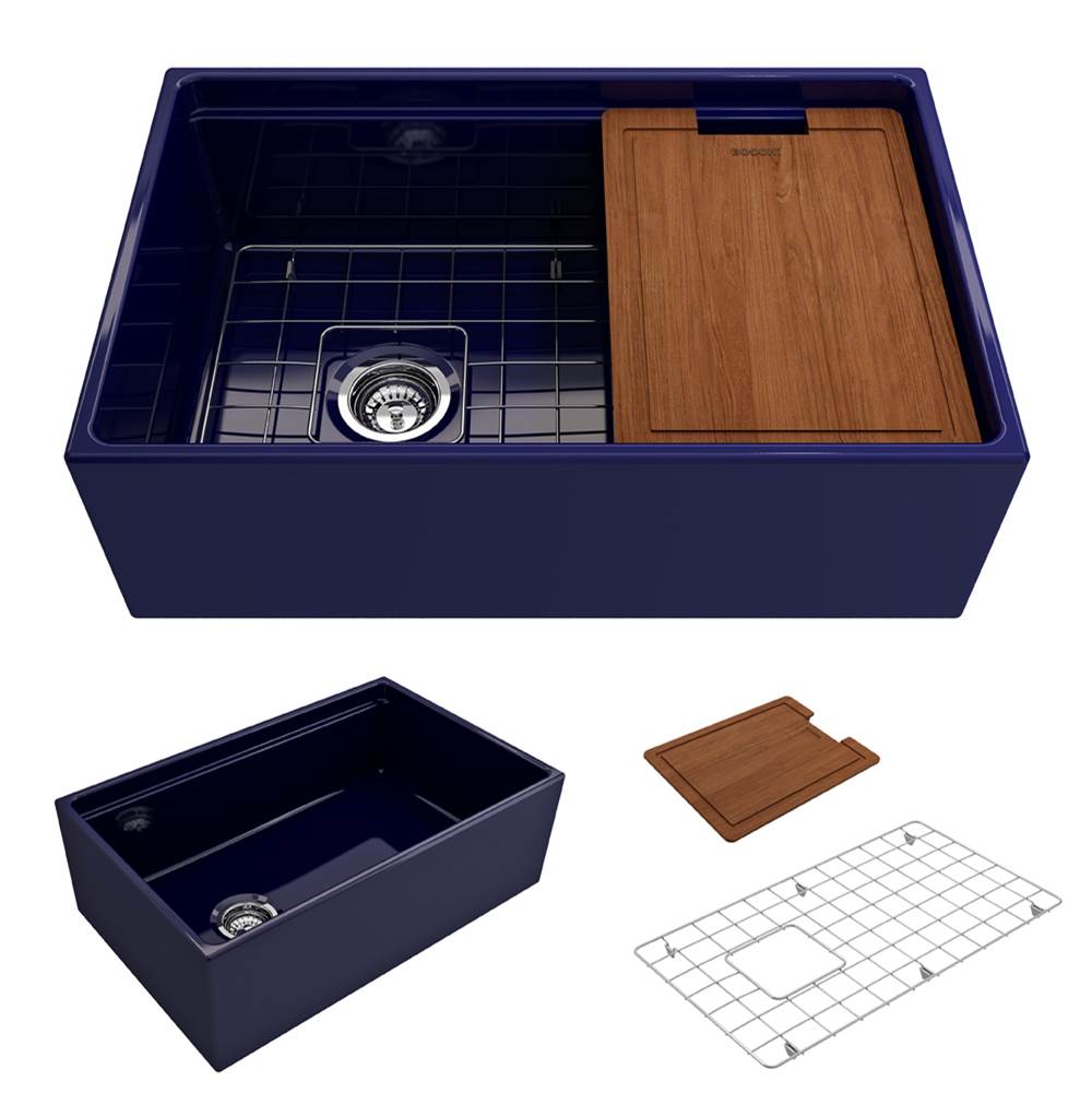 BOCCHI Contempo Step-Rim Apron Front Fireclay 30 in. Single Bowl Kitchen Sink with Integrated Work Station & Accessories in Sapphire Blue
