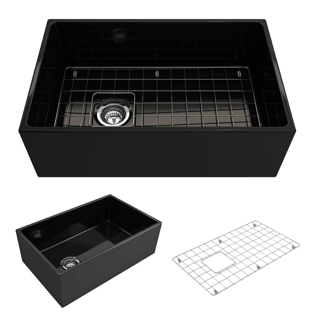 BOCCHI Contempo Apron Front Fireclay 30 in. Single Bowl Kitchen Sink with Protective Bottom Grid and Strainer in Black