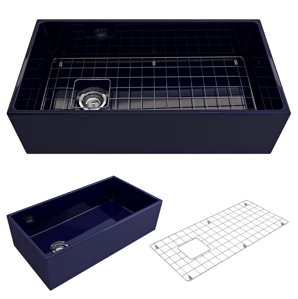 BOCCHI Contempo Apron Front Fireclay 36 in. Single Bowl Kitchen Sink with Protective Bottom Grid and Strainer in Sapphire Blue