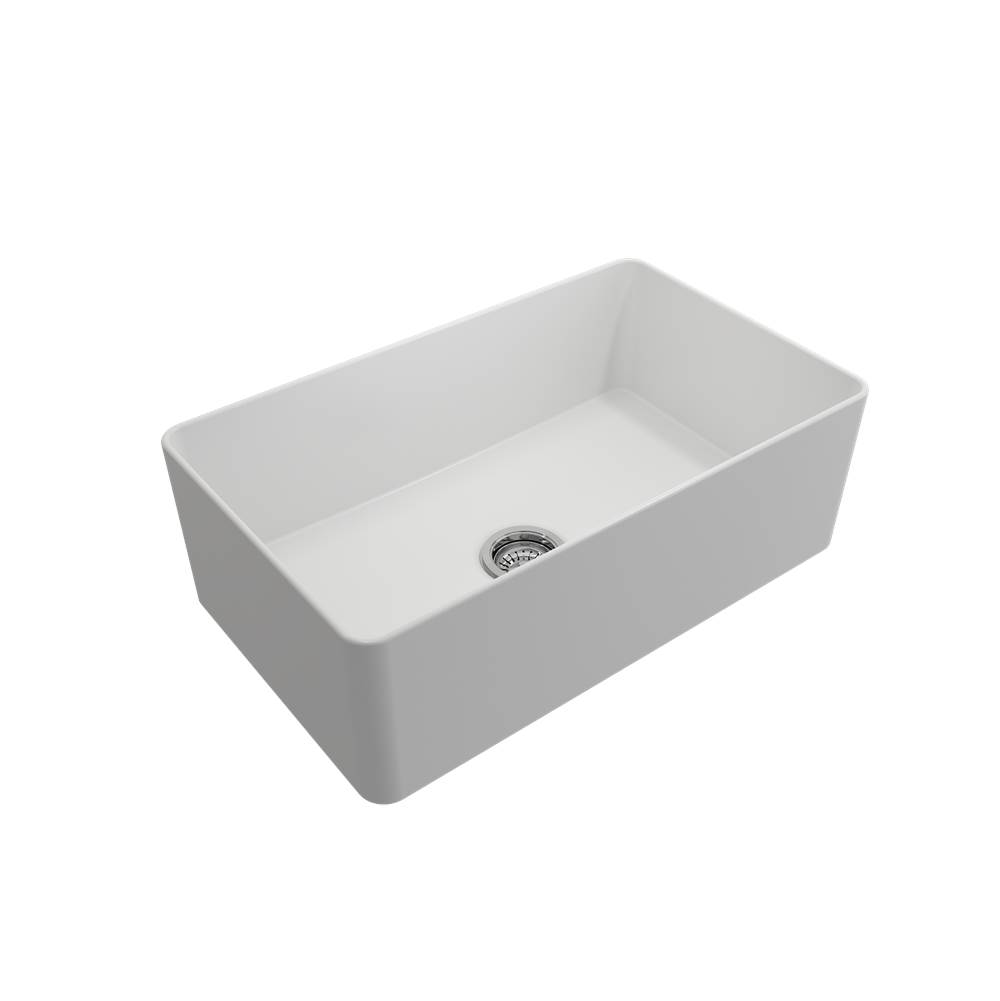 BOCCHI Aderci Ultra-Slim Farmhouse Apron Front Fireclay 30 in. Single Bowl Kitchen Sink with Protective Bottom Grid and Strainer in Matte White