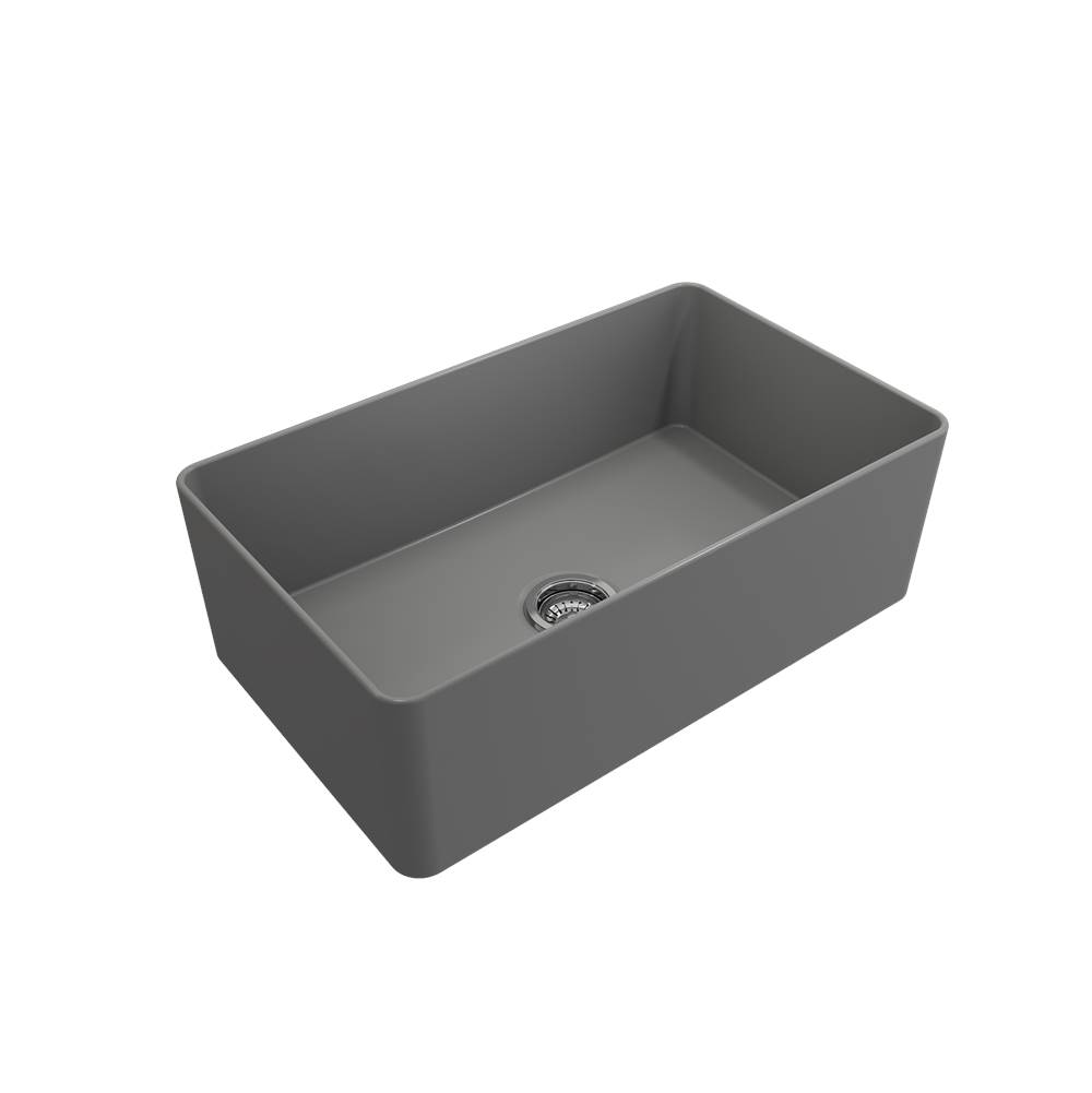 BOCCHI Aderci Ultra-Slim Farmhouse Apron Front Fireclay 30 in. Single Bowl Kitchen Sink with Protective Bottom Grid and Strainer in Matte Gray