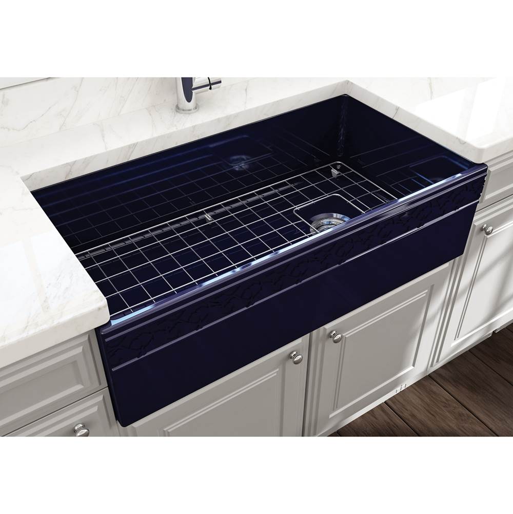 BOCCHI Vigneto Apron Front Fireclay 36 in. Single Bowl Kitchen Sink with Protective Bottom Grid and Strainer in Sapphire Blue