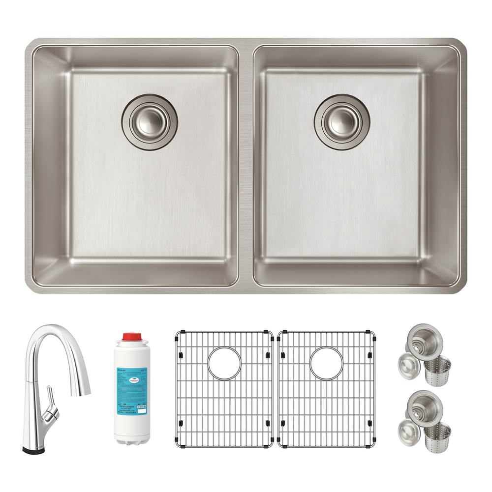 Elkay Reserve Selection Lustertone Iconix 18 Gauge Stainless Steel 32-3/4'' x 19-1/2'' x 9'' Double Bowl Undermount Sink Kit with Filtered Faucet
