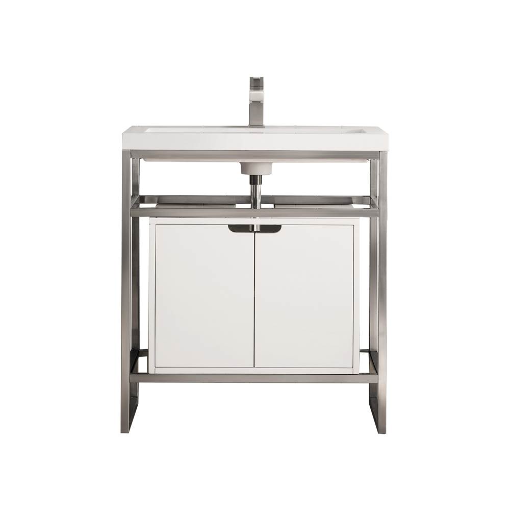 James Martin Vanities Boston 31.5'' Stainless Steel Sink Console, Brushed Nickel w/ Glossy White Storage Cabinet, White Glossy Composite Countertop