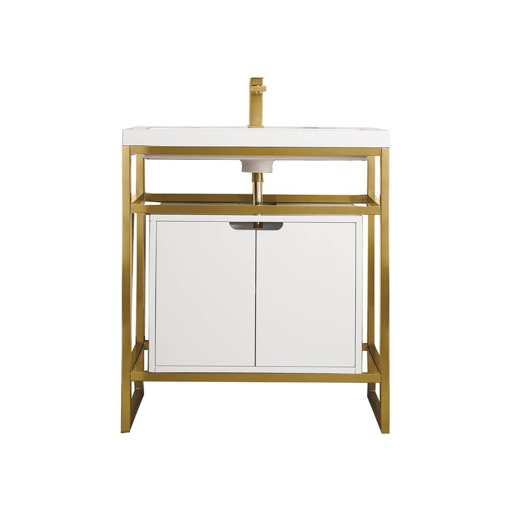 James Martin Vanities Boston 31.5'' Stainless Steel Sink Console, Radiant Gold w/ Glossy White Storage Cabinet, White Glossy Composite Countertop