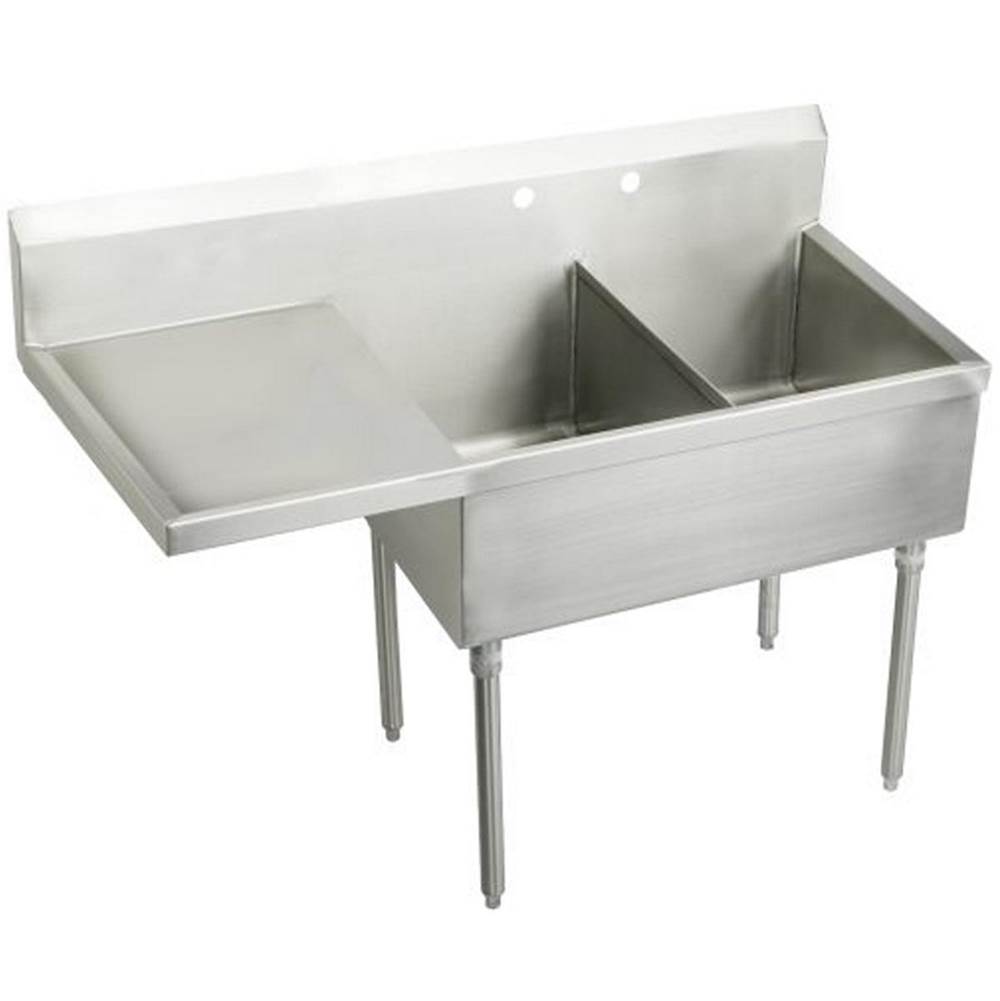 Just Manufacturing Stainless Steel 55-1/2'' x 27-1/2'' x 14'' Floor Mount Double 2-Hole Scullery Sink w/L Drainboard Coved Corners
