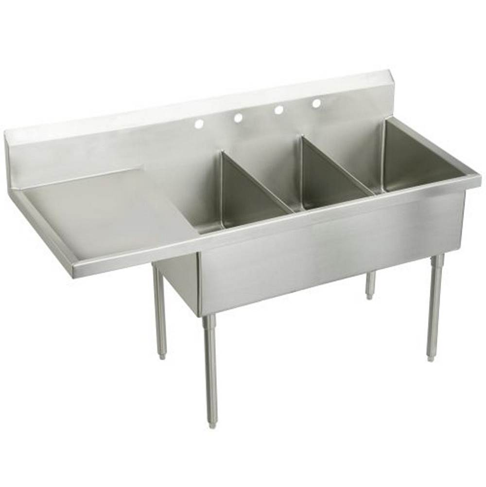 Just Manufacturing Stainless Steel 93'' x 27-1/2'' x 14'' Floor Mount Triple 0-Hole Scullery Sink w/LandR Drainboards and Coved Corners