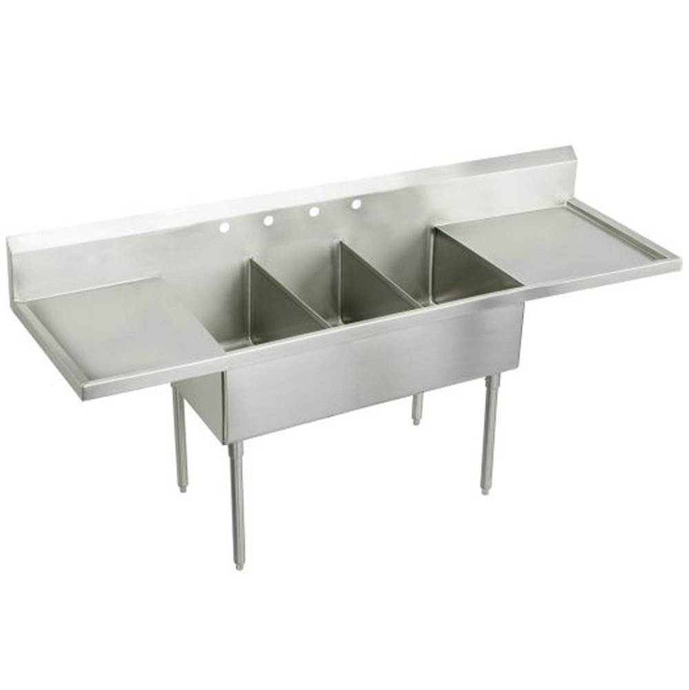 Just Manufacturing Stainless Steel 102'' x 27-1/2'' x 14'' Floor Mount Triple 4-Hole Scullery Sink w/LandR Drainboards and Coved Corners
