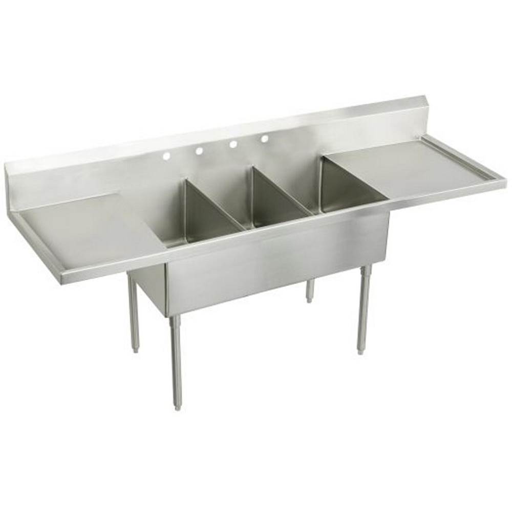 Just Manufacturing Stainless Steel 108'' x 27-1/2'' x 14'' Floor Mount Triple 4-Hole Scullery Sink w/LandR Drainboards and Coved Corners