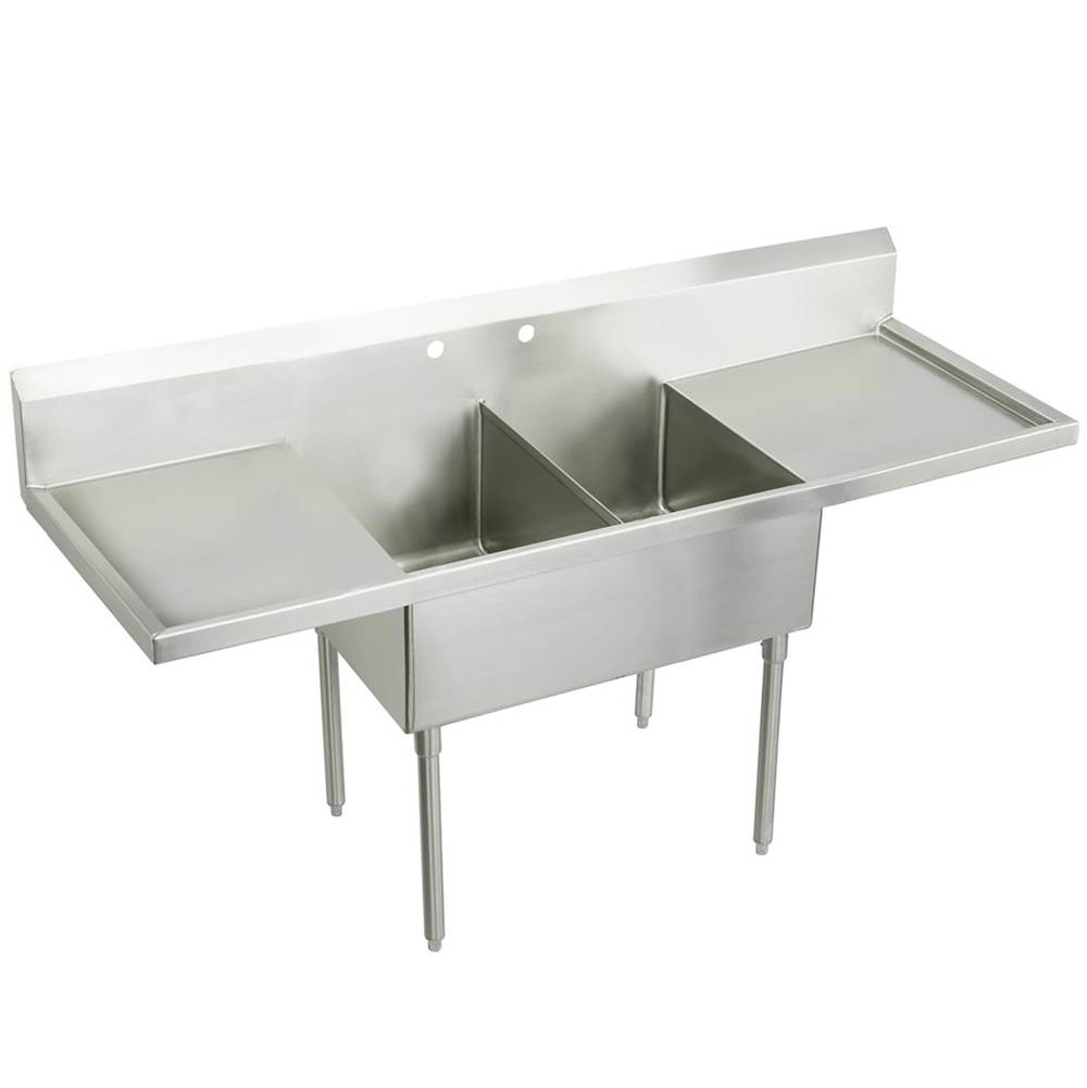 Just Manufacturing Stainless Steel 108'' x 27-1/2'' x 14'' Floor Mount Double Compartment 4-Hole Scullery Sink w/LandR Drainboards