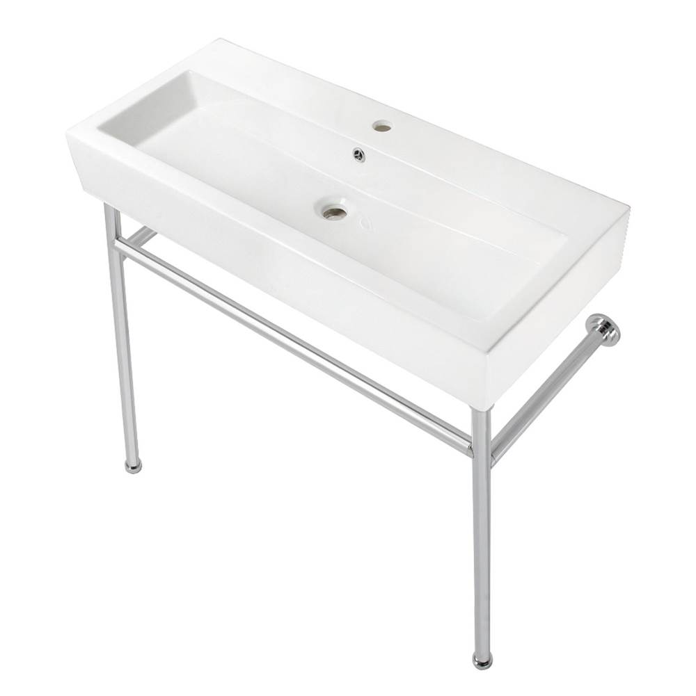 Kingston Brass Fauceture VPB39171ST New Haven 39'' Porcelain Console Sink with Stainless Steel Legs (Single-Hole), White/Polished Chrome