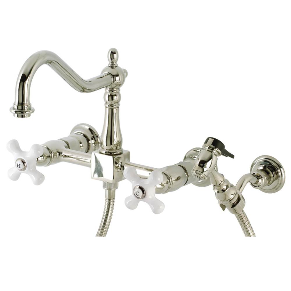 Kingston Brass Heritage Wall Mount Bridge Kitchen Faucet with Brass Spray, Polished Nickel