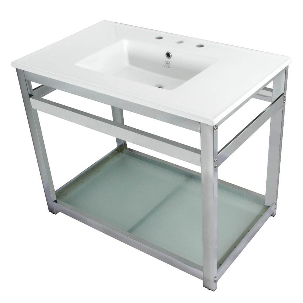 Kingston Brass Fauceture Quadras 37-Inch Ceramic Console Sink (8-Inch, 3-Hole), White/Polished Chrome