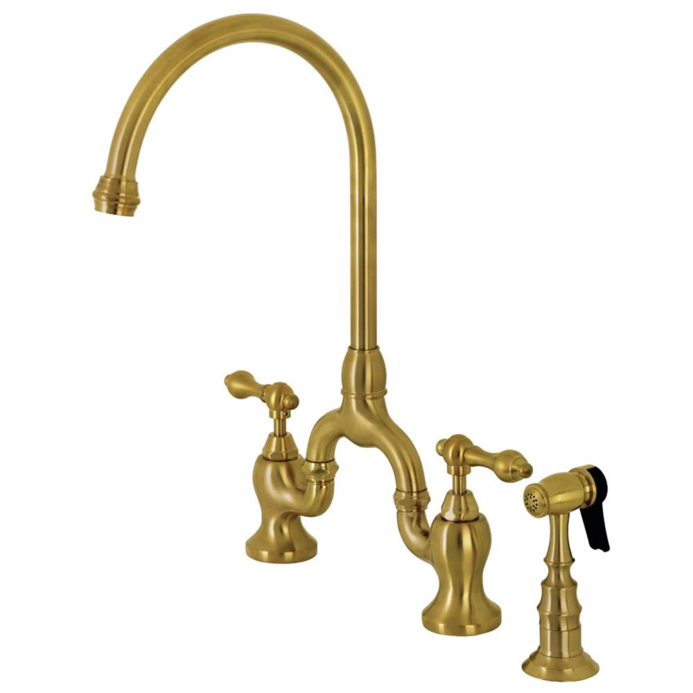 Kingston Brass English Country Bridge Kitchen Faucet with Brass Sprayer, Brushed Brass