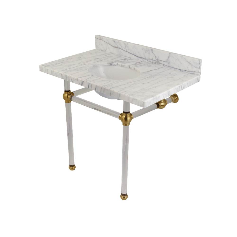 Kingston Brass Templeton 36'' x 22'' Carrara Marble Vanity Top with Clear Acrylic Console Legs, Carrara Marble/Brushed Brass