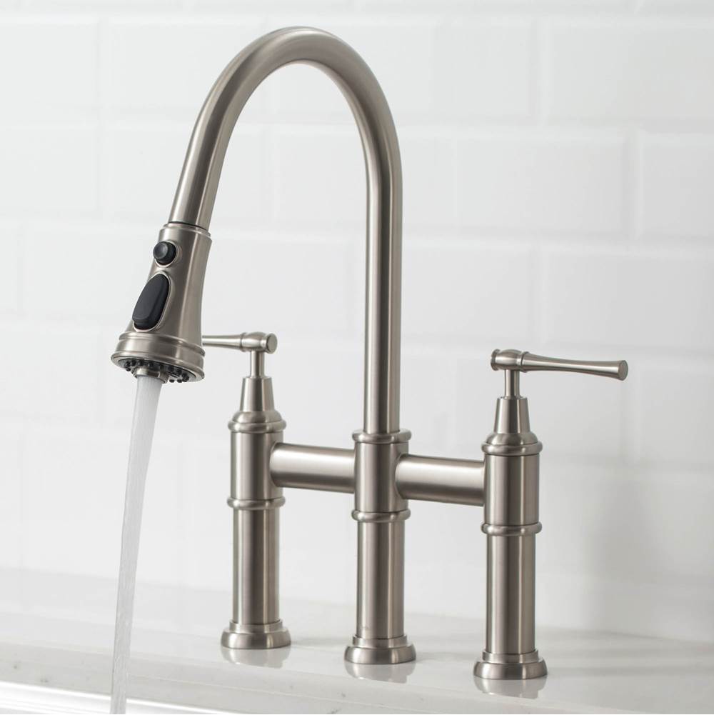 Kraus Allyn Transitional Bridge Kitchen Faucet with Pull-Down Sprayhead in Spot Free Stainless Steel
