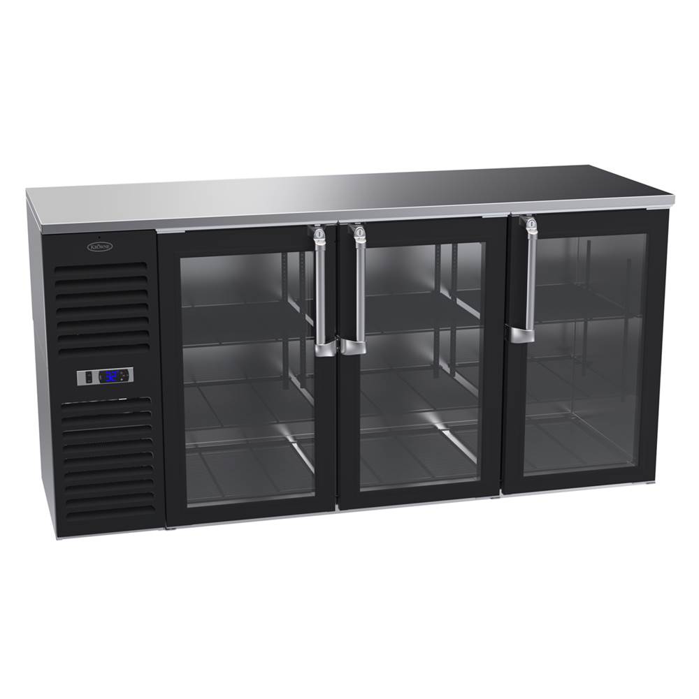 Krowne 72'' Self Contained Left Cab Narrow Door Backbar Cooler With R,L,R Bv Glass Doors And Ss Top