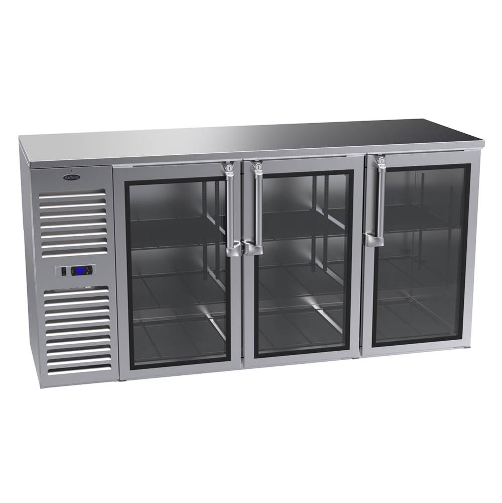 Krowne 72'' Self Contained Left Cab Narrow Door Backbar Cooler W/ 1 Right And 2 Left Ss Glass Doors, Ss Top