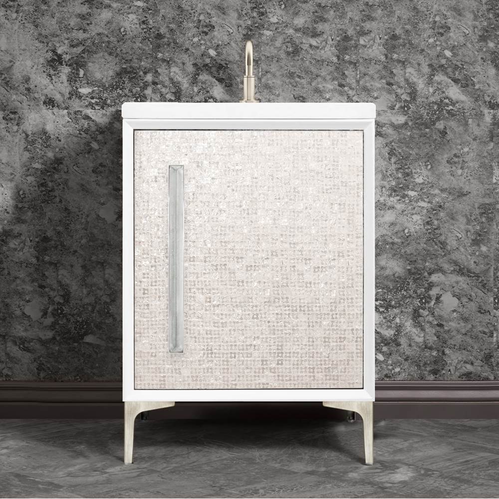 Linkasink MOTHER OF PEARL with 18'' Artisan Glass Prism Hardware 24'' Wide Vanity, White, Satin Nickel Hardware, 24'' x 22'' x 33.5'' (without vanity top)