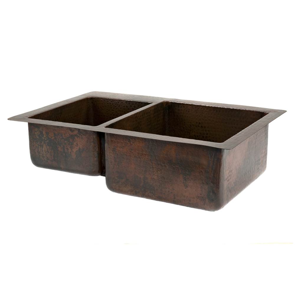 Premier Copper Products 33'' Hammered Copper Kitchen 40/60 Double Basin Sink