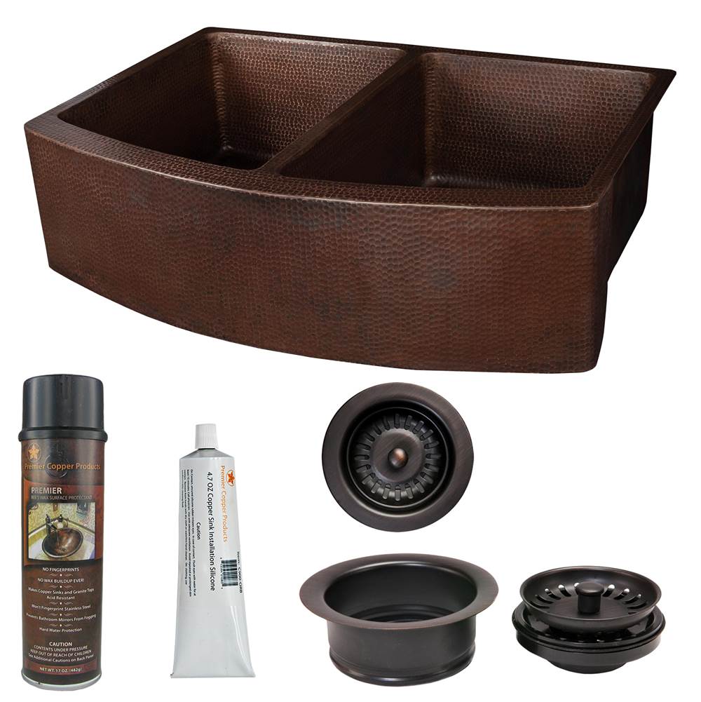Premier Copper Products 33'' Hammered Copper Kitchen Rounded Apron 50/50 Double Basin Sink with Matching Drain and Accessories