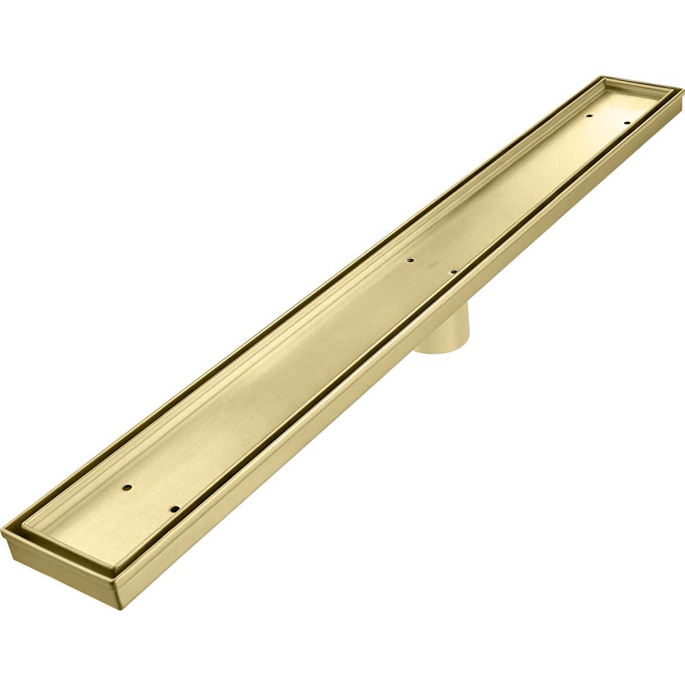 QM Drain Delmar Series. 28'' Standard length Plain Edge linear drain. Mist (Tile-in) Line. Gold