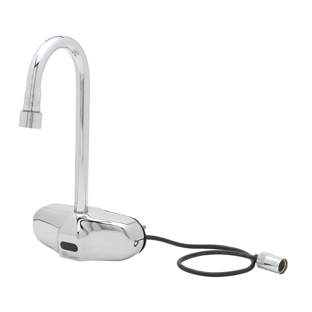 T&S Brass ChekPoint Electronic Faucet, 4'' Wall Mount, Gooseneck, Less Mixing Valve (Two-Hole Installation Design)