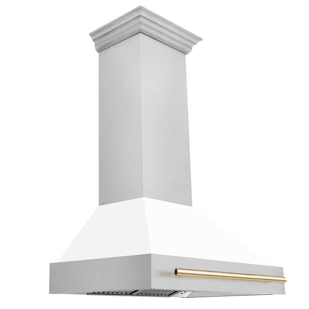 Z-Line 36'' Autograph Edition DuraSnow Stainless Steel Range Hood with White Matte Shell and Gold Handle
